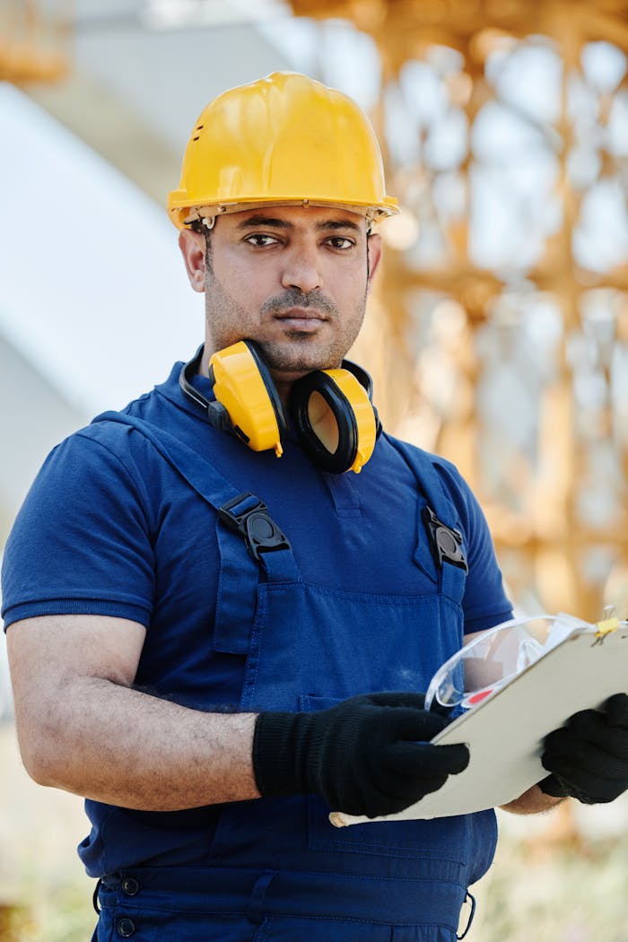 services-03 Focused construction worker outdoors wearing safety gear, holding a clipboard at a building site.